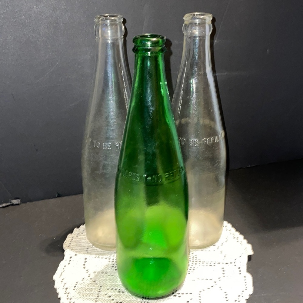 Glass Bottles Lot 3 One Pint Green Clear Collectibles Vintage Prop Beer Soda